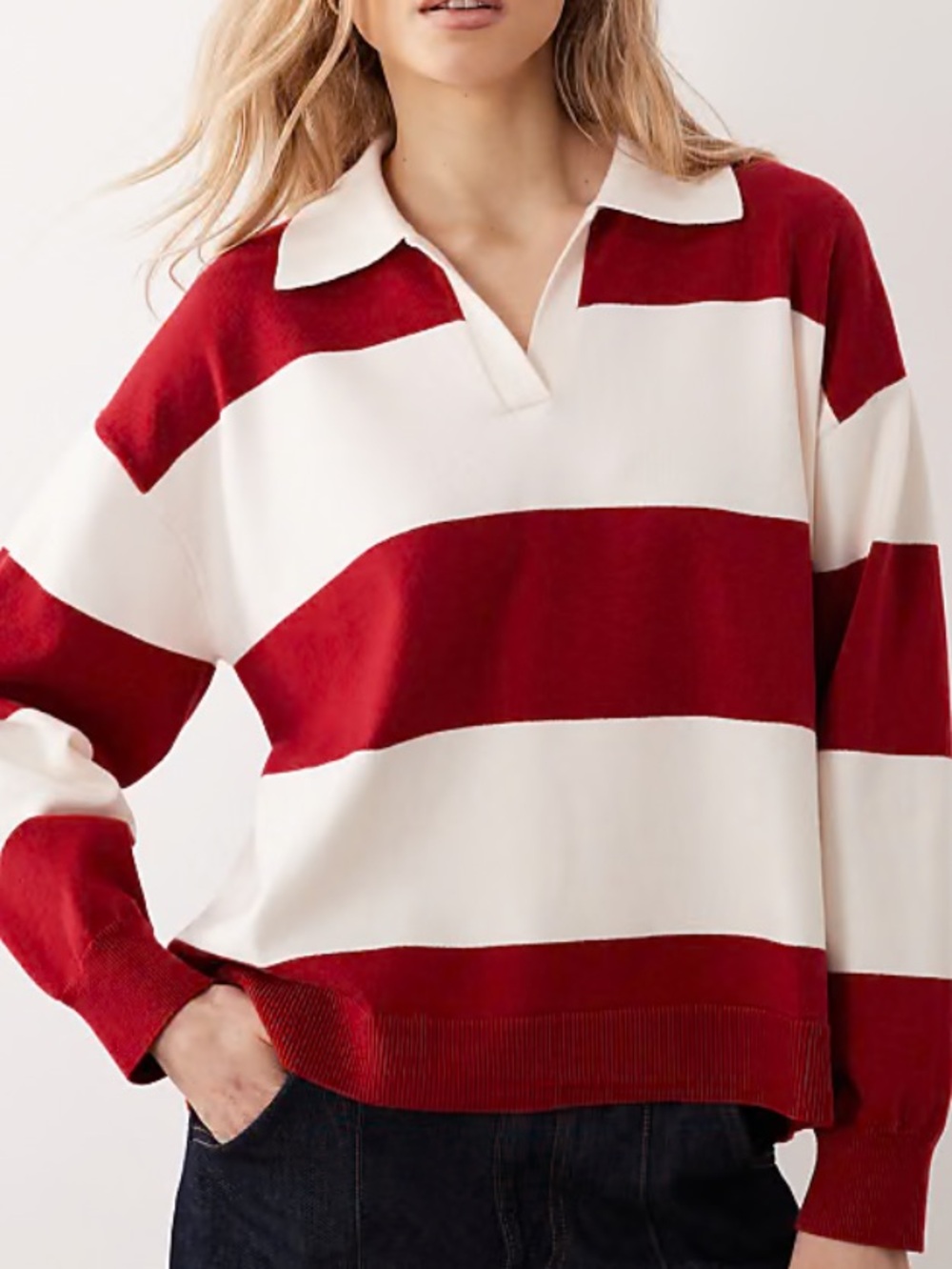 Mango Red & White Striped Polo Collar Relaxed Fit Sweater Size S - Picture 13 of 13
